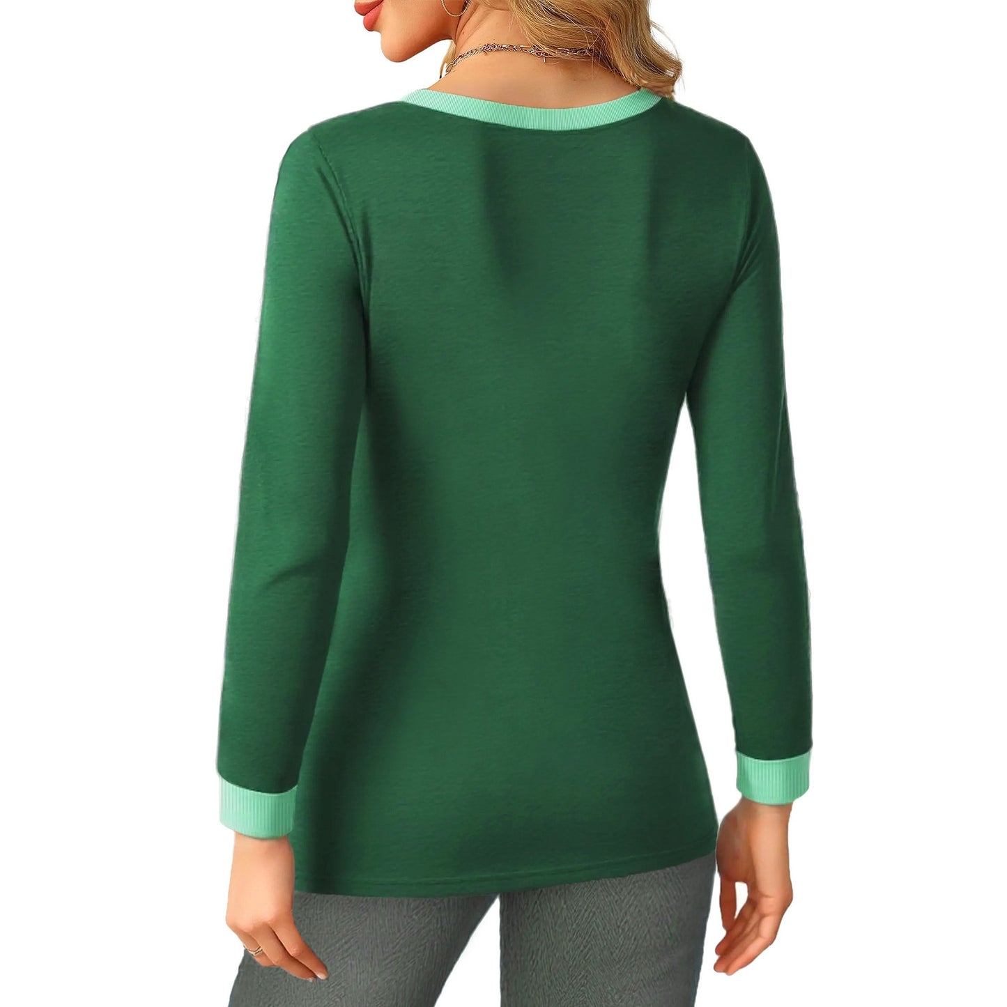 MOSHU Color Block T Shirts for Women V Neck Long Sleeve Womens Shirts Loose Fall Tops with Pocket