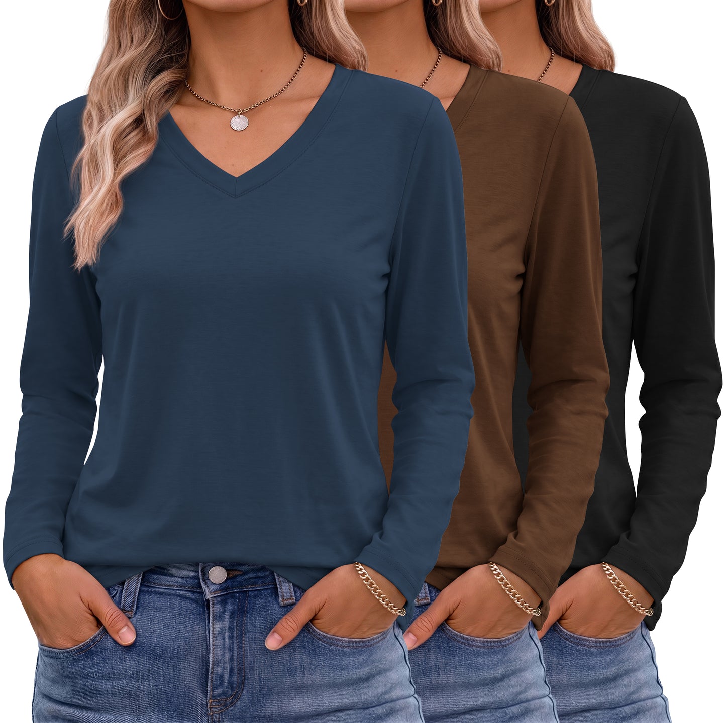 MOSHU 3 Pack T Shirts for Women V Neck Long Sleeve Womens T-shirts Casual Basics Tees Loose Fit Fall Tops