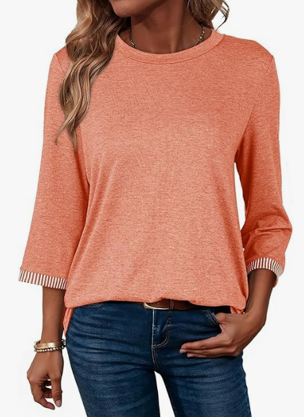 MOSHU 3/4 Sleeve Tops for Women Crew Neck Ribbed Cuff Tops Lightweight Summer Casual Dressy Shirts