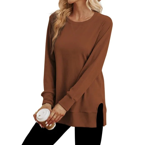 MOSHU Crewneck Sweatshirts for Women Side Split Long Sleeve Shirts Fashion Fall Womens Tops