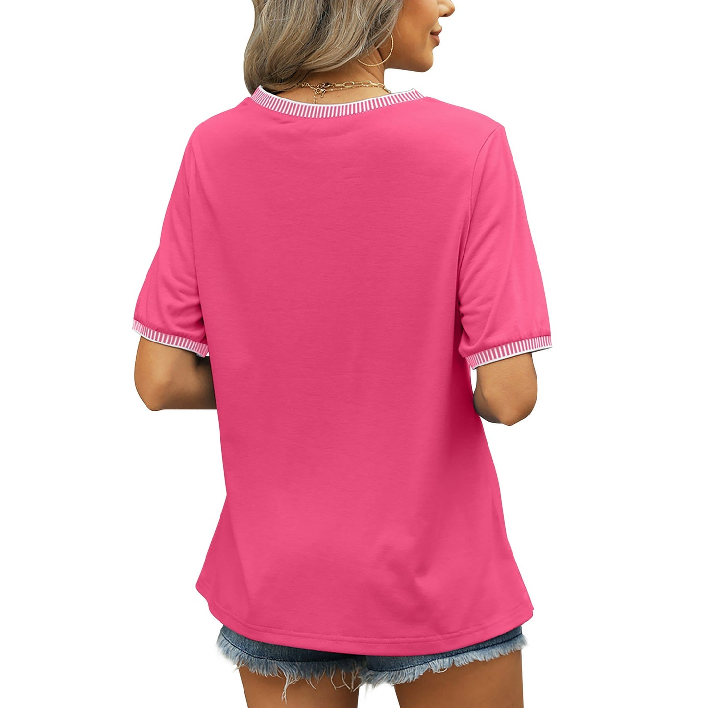 MOSHU Dressy Women Tops Crewneck Blouses for Women Striped Colorblock Short Sleeve Shirts Casual Summer Tops