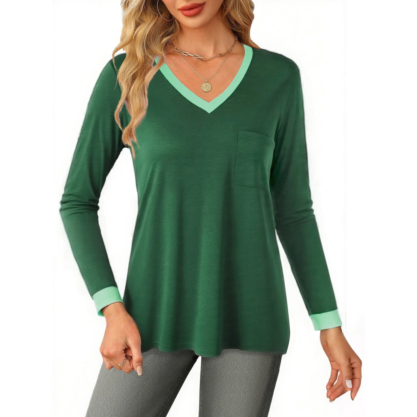 MOSHU Color Block T Shirts for Women V Neck Long Sleeve Womens Shirts Loose Fall Tops with Pocket