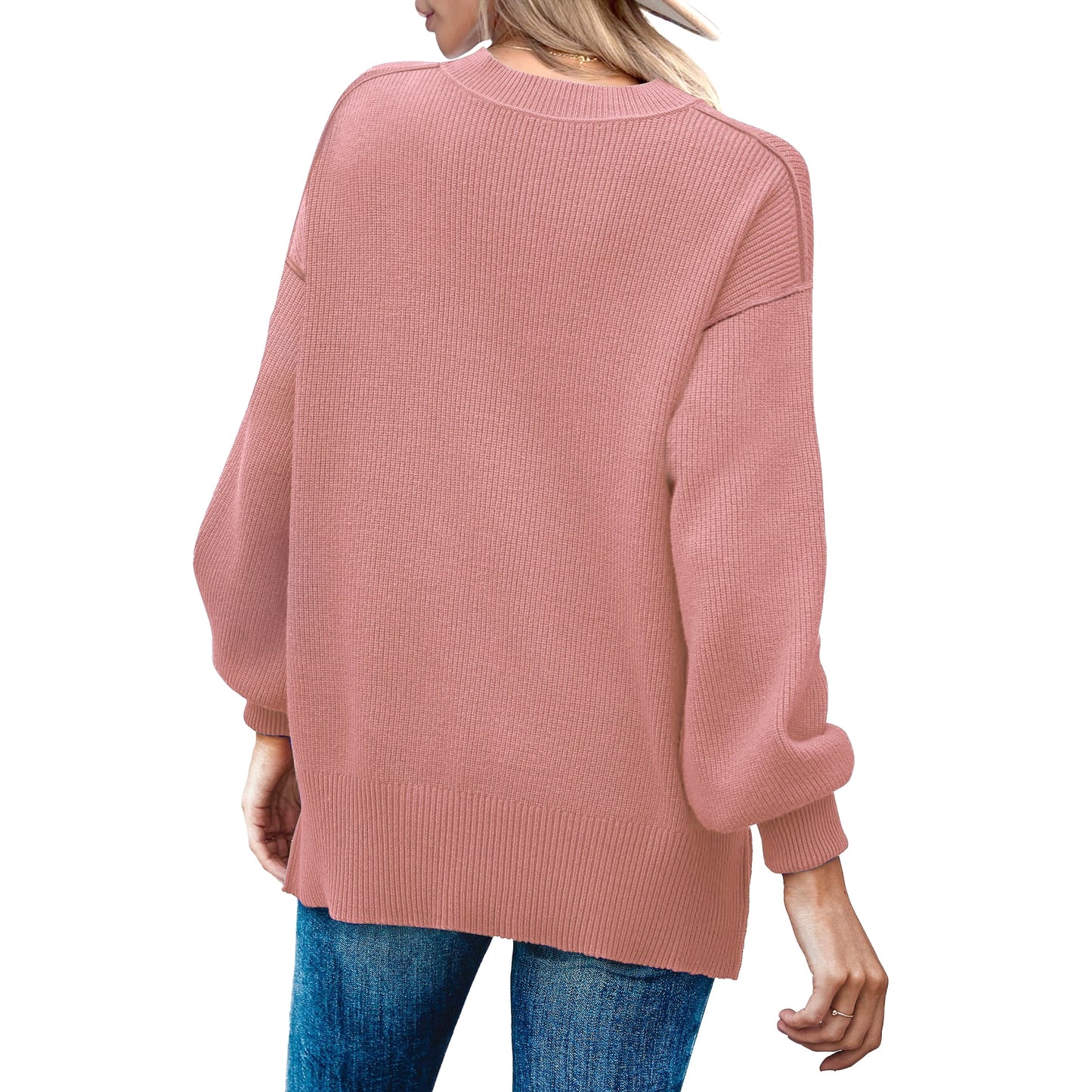 MOSHU Crewneck Sweaters for Women Drop Shoulder Long Sleeve Tops Side Slit Oversized Pullover Sweaters