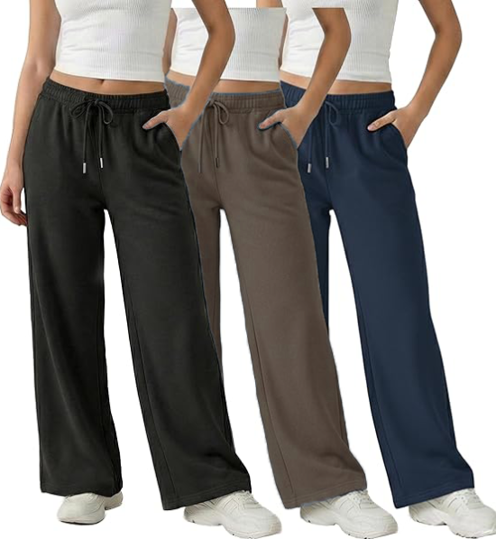 MOSHU 3 Pack Wide Leg Sweatpants for Women Fleece Baggy Womens Sweatpants Drawstring Elastic Pants with Pockets