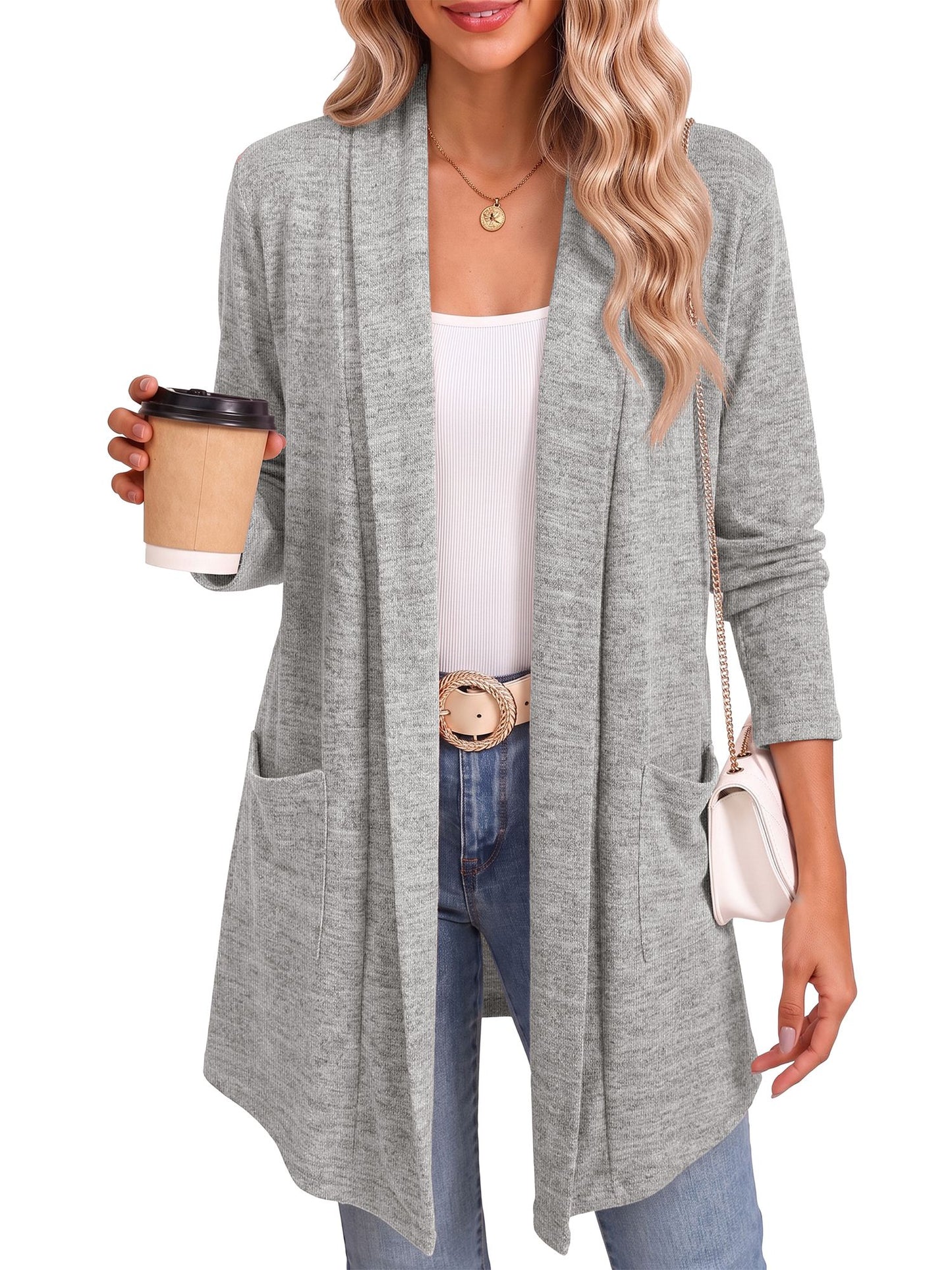 MOSHU Cardigan Sweaters for Women Lightweight Open Front Cardigans Casual Loose Fall Coat with Pockets