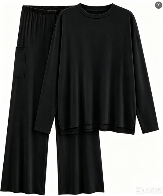 MOSHU 2 Piece Lounge Sets for Women Side Slit Pajamas Sets Loose Long Sleeve Tops and Wide Leg Pants Casual Outfits