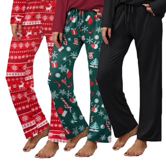 MOSHU 3 Pack Womens Pajama Pants Elastic Waist Drawstring Lounge Bottoms Wide Leg Sleepwear Lounge Pants with Pockets