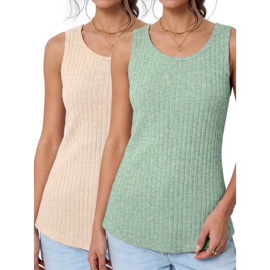 MOSHU 2 Pack Tank Tops for Women Crew Neck Sleeveless Tops Dressy Casual Loose Fit Summer Shirts