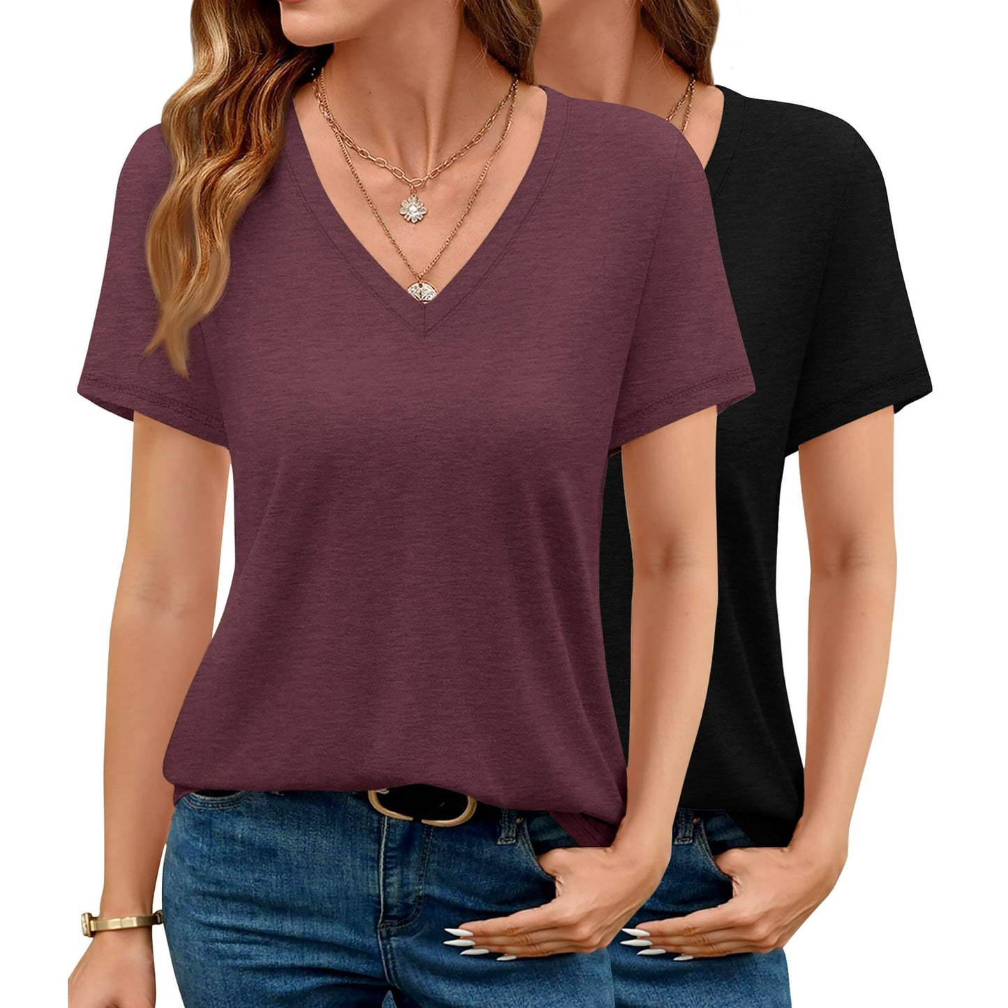 MOSHU 2 Pack Womens T Shirts V Neck Casual Tops Short Sleeve Comfort Fit Shirts for Women