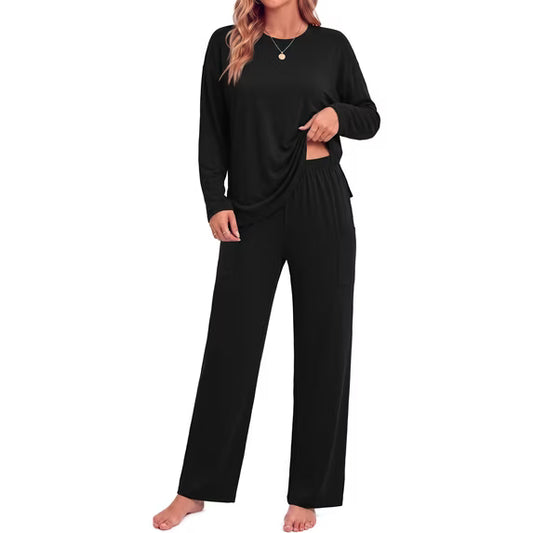 MOSHU 2 Piece Lounge Sets for Women Side Slit Pajamas Sets Loose Long Sleeve Tops and Wide Leg Pants Casual Outfits