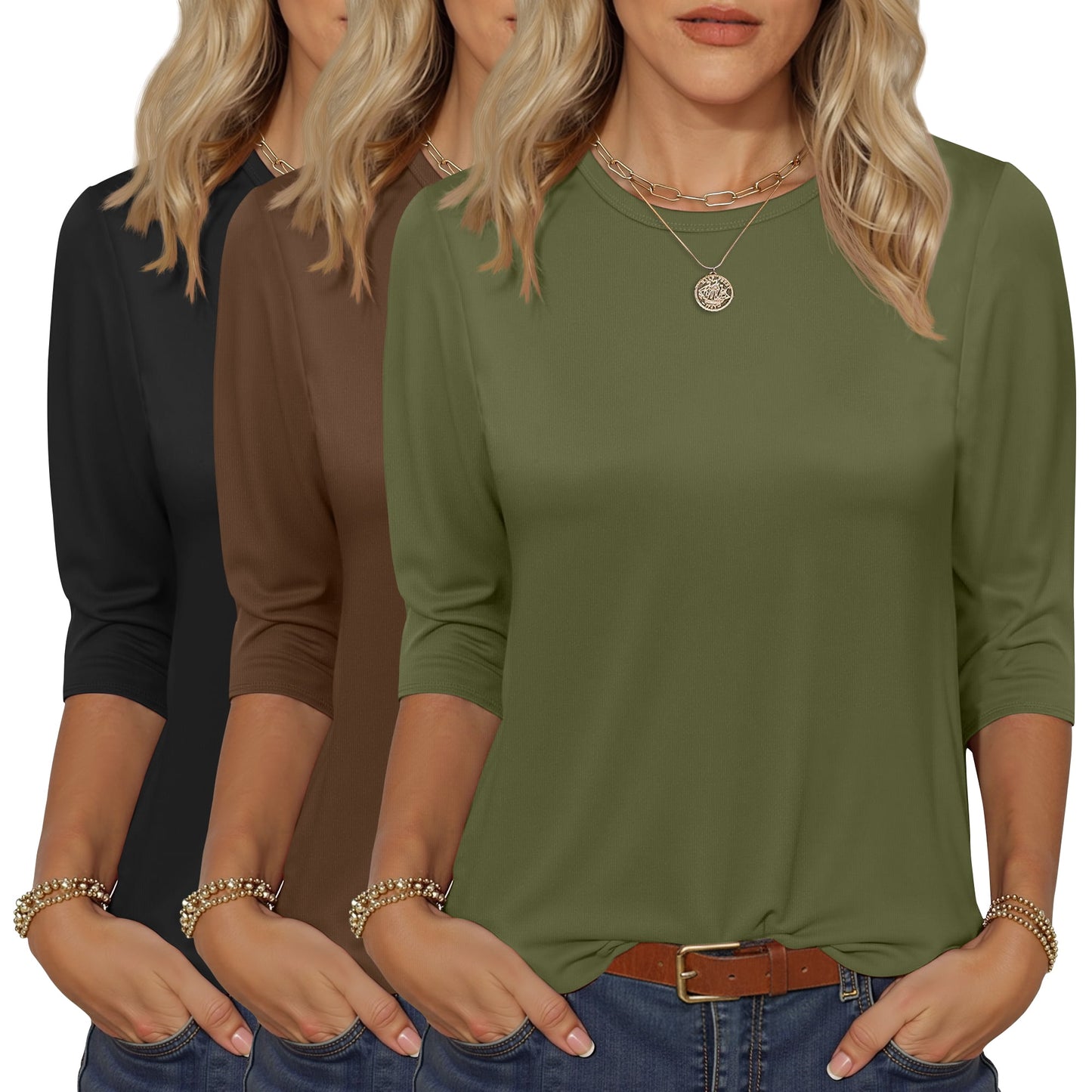 MOSHU 3 Pack 3/4 T Shirts for Womens Crew Neck Womens Shirts Dressy Basics Tees Casual Loose Fit Fall Tops