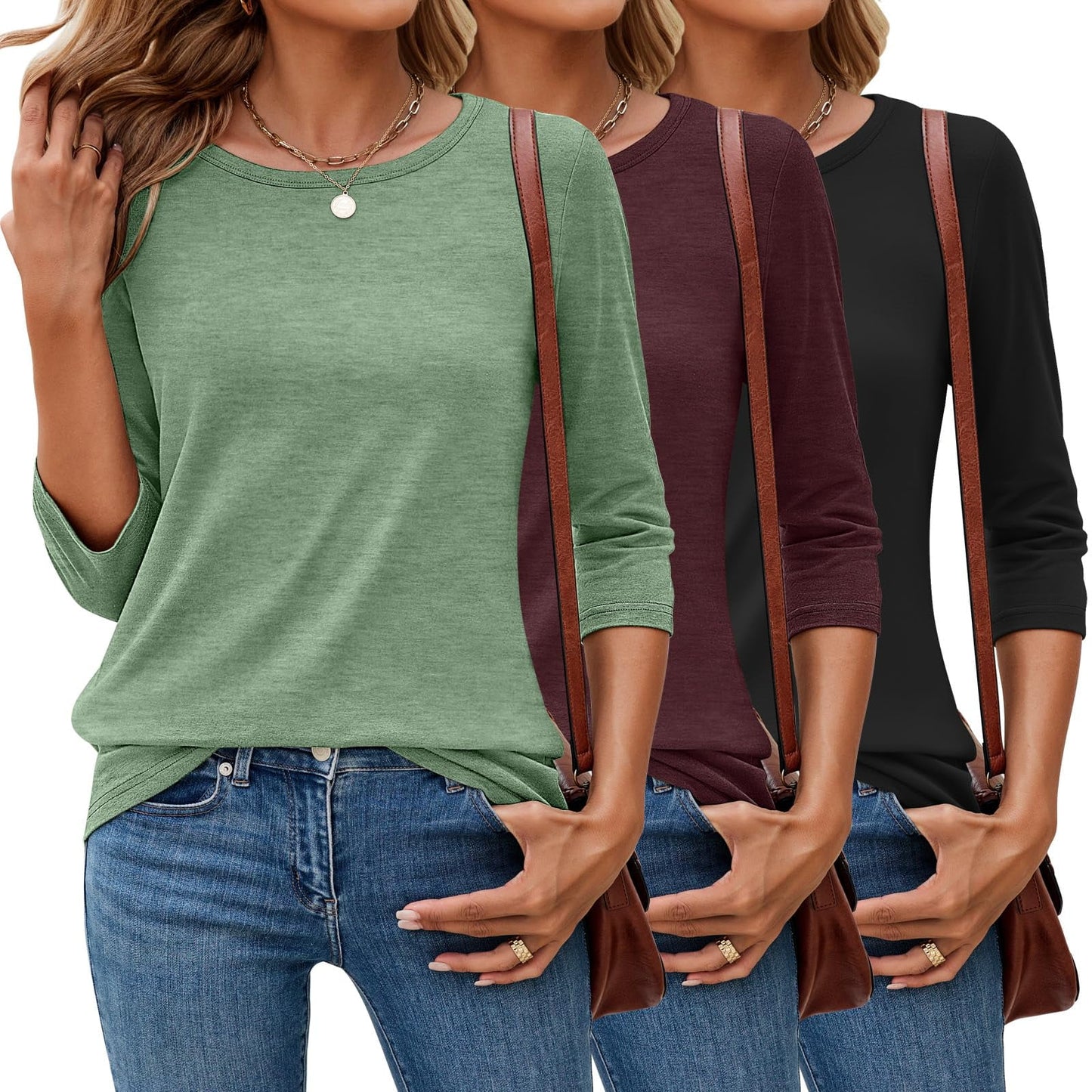 MOSHU 3 Pack T Shirts for Women Crew Neck Long Sleeve Womens shirts Curved Hem Loose Fit Fall Tops
