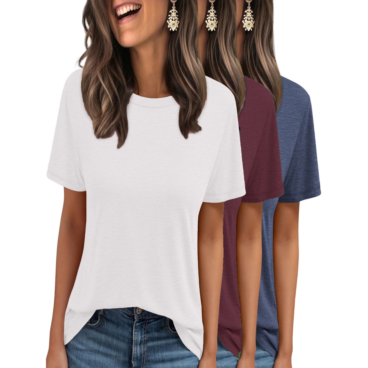 MOSHU 3 Pack T-Shirts for Women Short Sleeve Summer Womens Tops Casual Curved Hem Shirts Beach Outfits