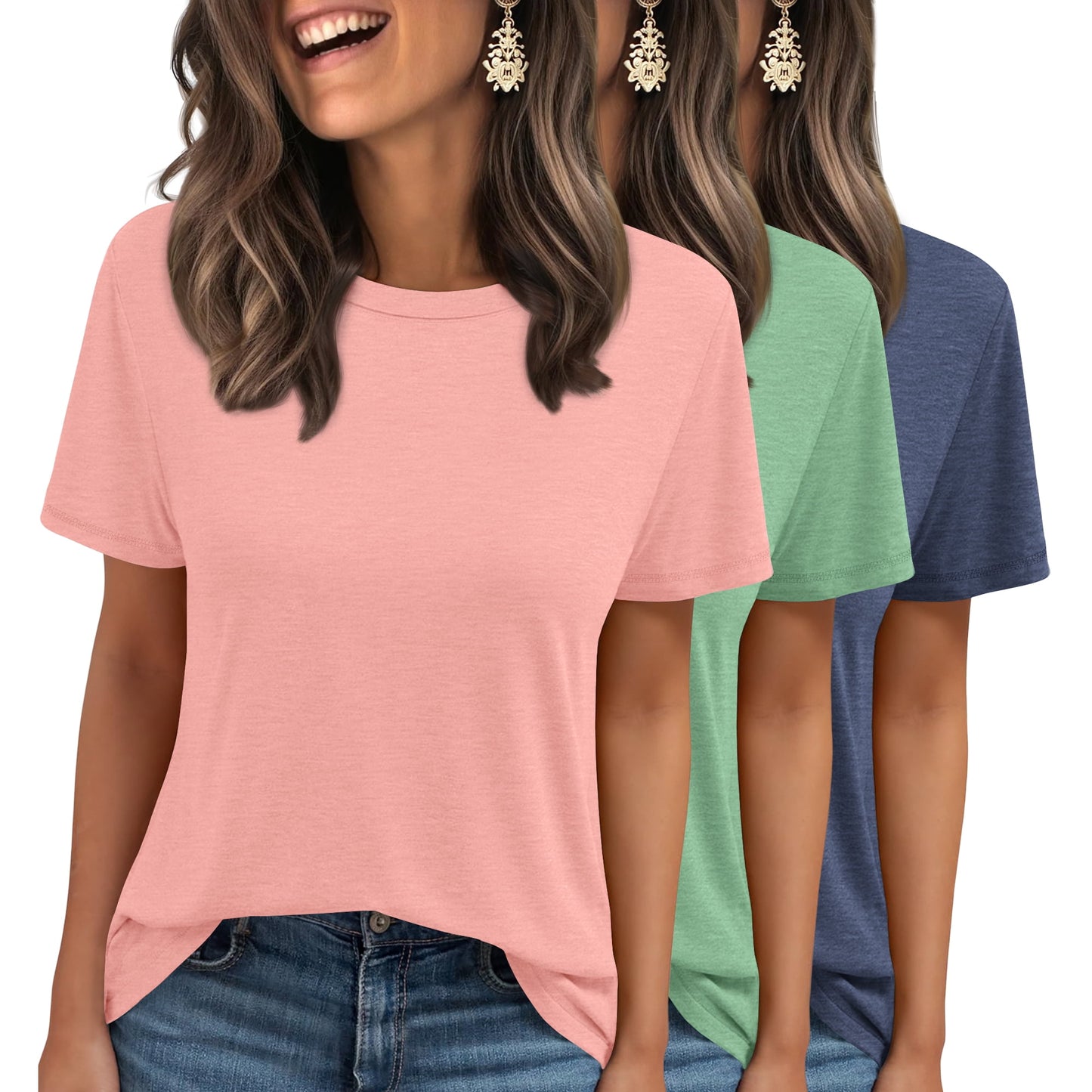 MOSHU 3 Pack T-Shirts for Women Short Sleeve Summer Womens Tops Casual Curved Hem Shirts Beach Outfits