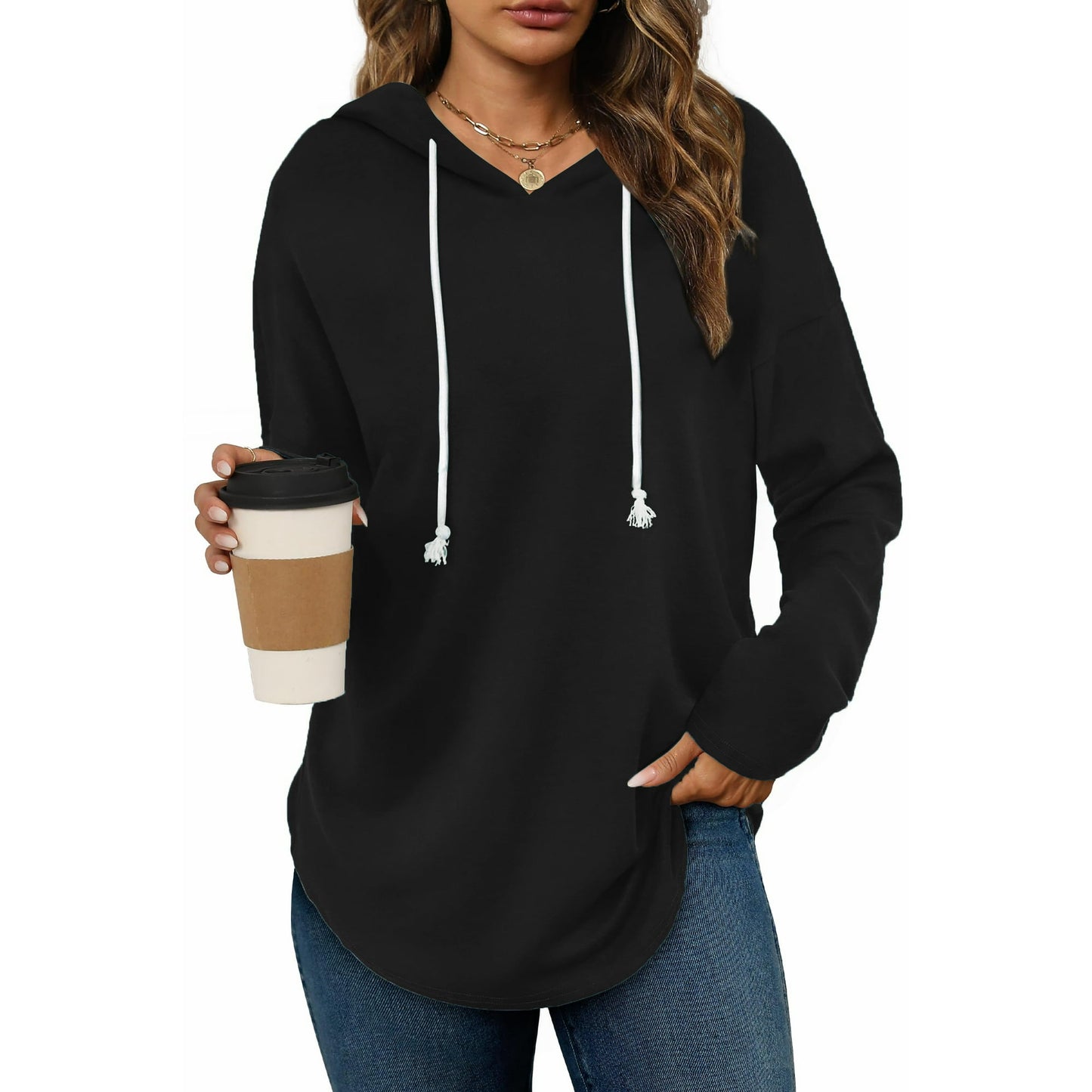 MOSHU Casual Hoodies for Women Loose Fit Drawstring Hooded Womens Sweatshirts Side Split Long SLeeve Shirts