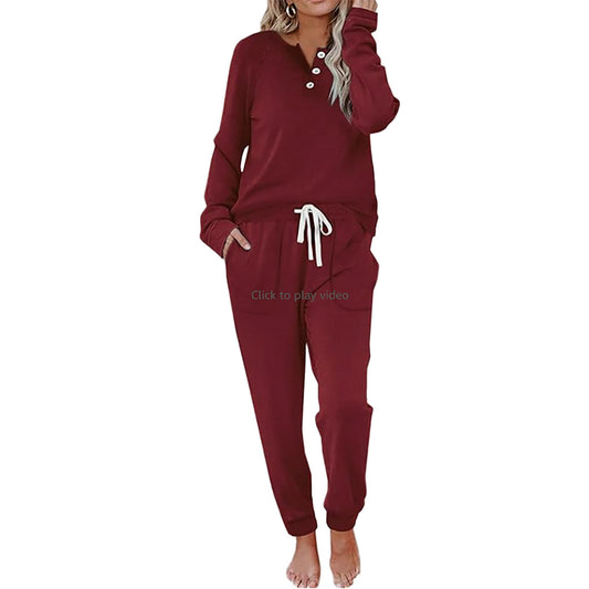 MOSHU Casual Pajamas Sets for Women Button Down Shirts and Drawstring Pants with Pockets Two Piece Womens Lounge Sets
