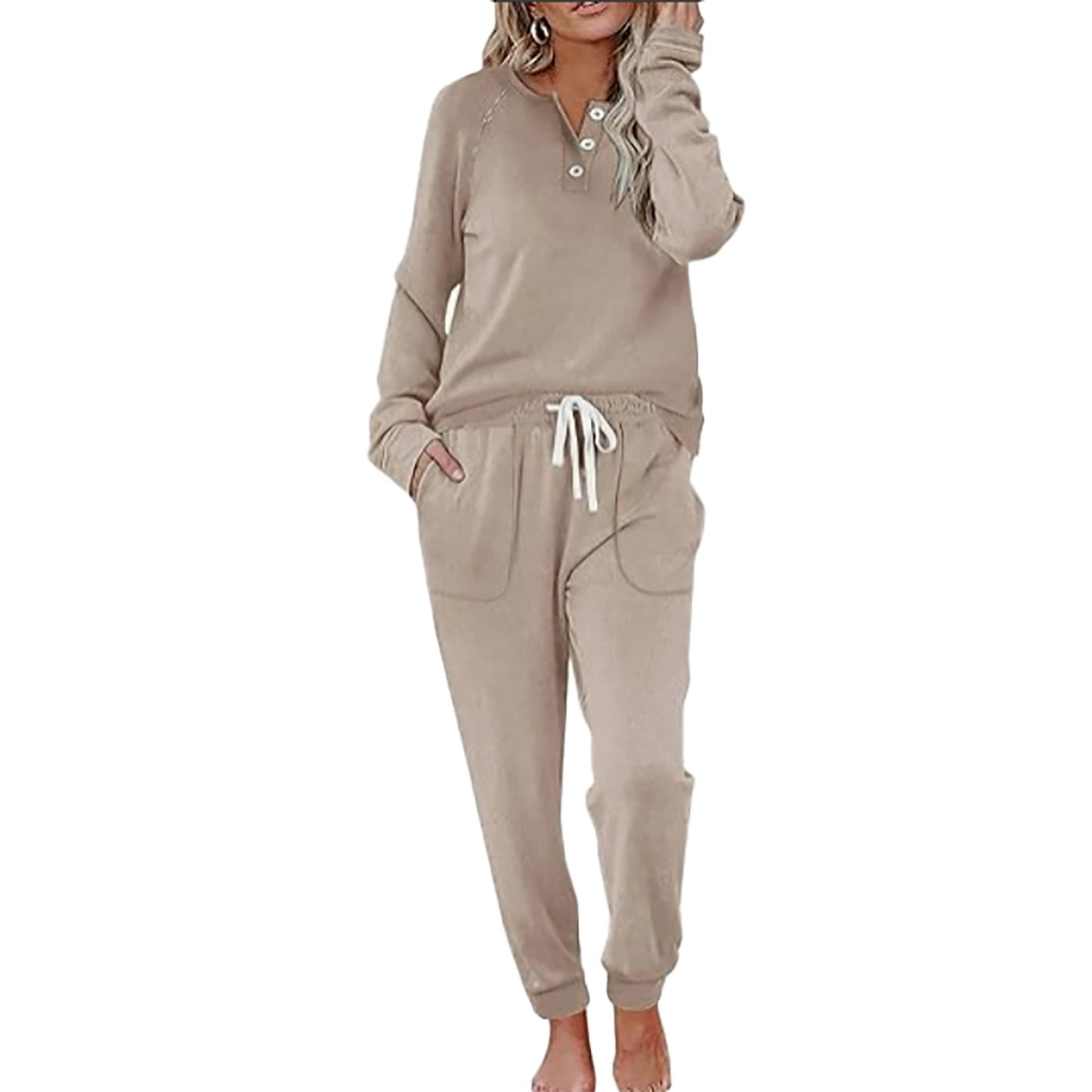 MOSHU Casual Pajamas Sets for Women Button Down Shirts and Drawstring Pants with Pockets Two Piece Womens Lounge Sets