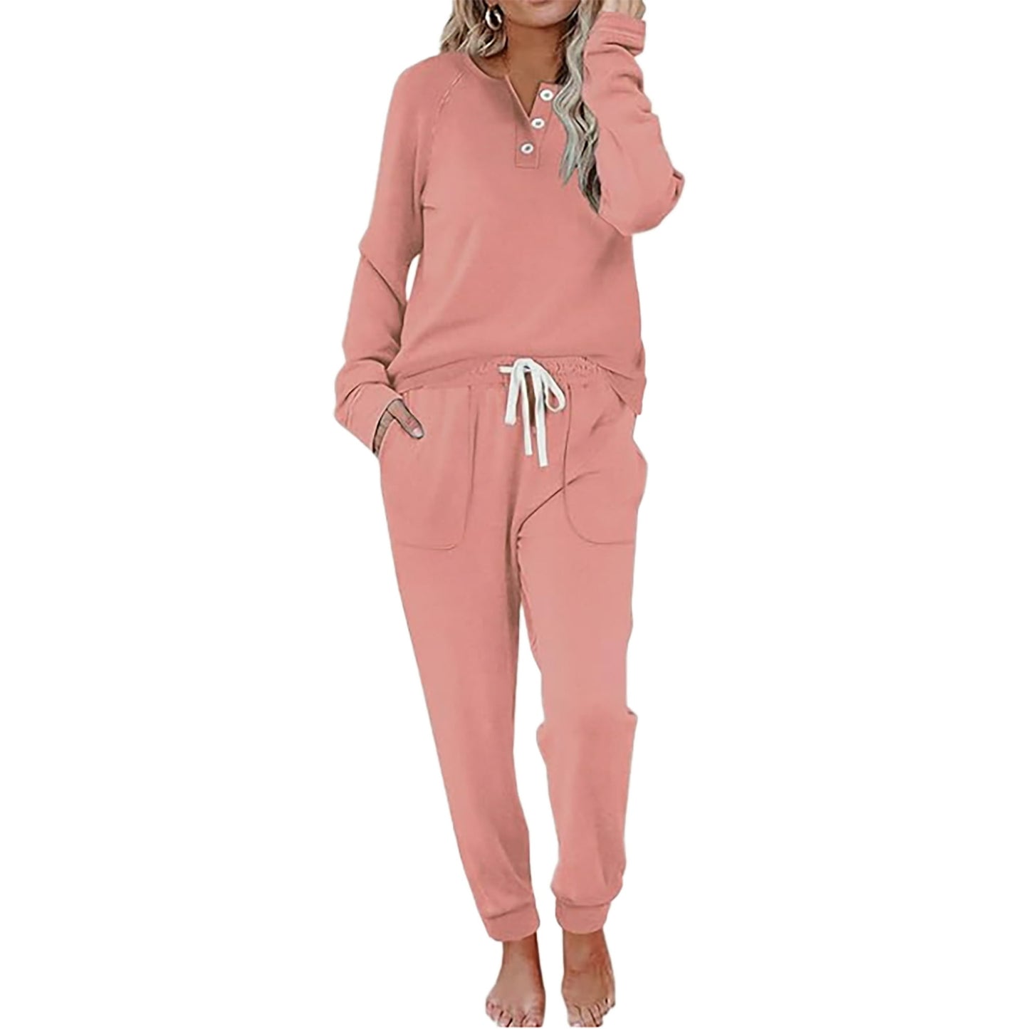 MOSHU Casual Pajamas Sets for Women Button Down Shirts and Drawstring Pants with Pockets Two Piece Womens Lounge Sets