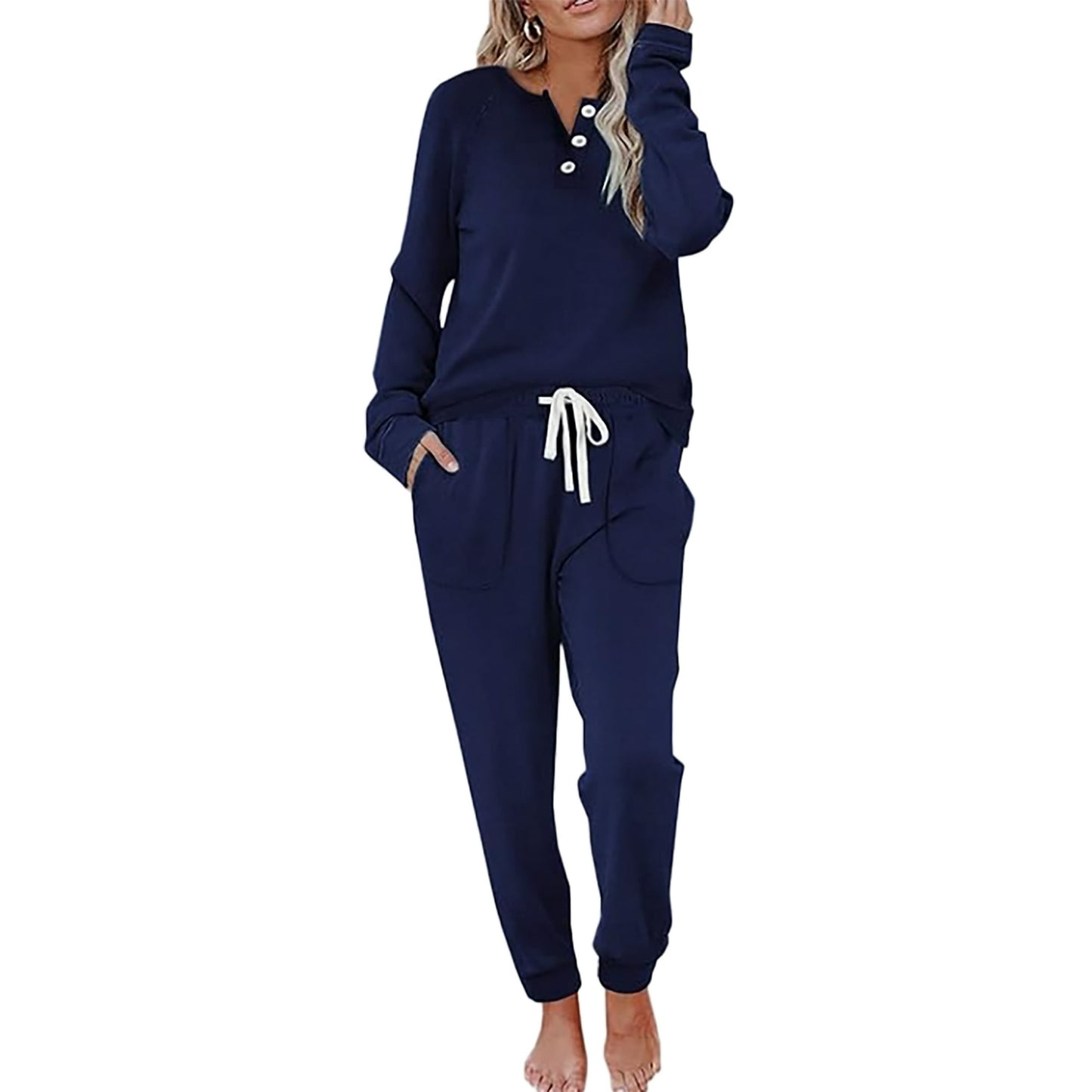 MOSHU Casual Pajamas Sets for Women Button Down Shirts and Drawstring Pants with Pockets Two Piece Womens Lounge Sets