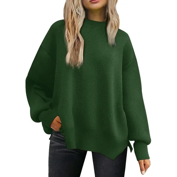 MOSHU Crewneck Sweaters for Women Drop Shoulder Long Sleeve Tops Side Slit Oversized Pullover Sweaters