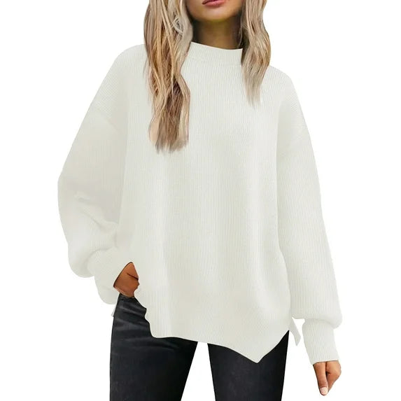 MOSHU Crewneck Sweaters for Women Drop Shoulder Long Sleeve Tops Side Slit Oversized Pullover Sweaters