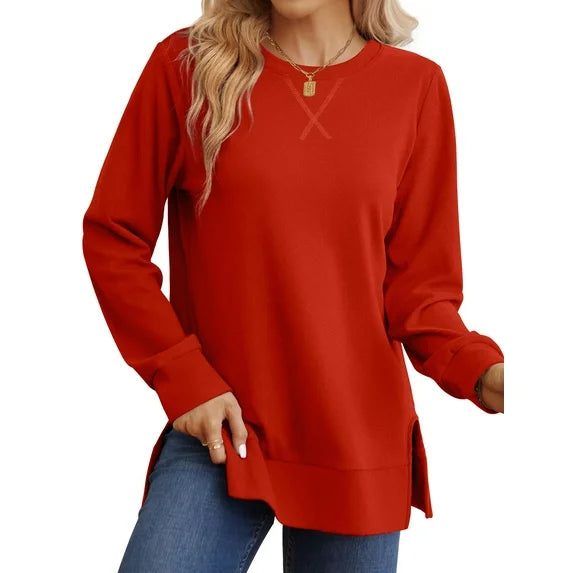 MOSHU Crewneck Sweatshirts for Women Side Split Long Sleeve Shirts Fashion Fall Womens Tops