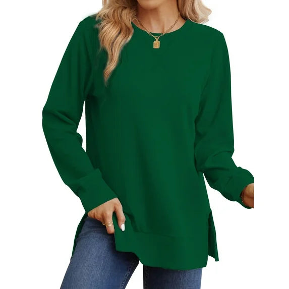 MOSHU Crewneck Sweatshirts for Women Side Split Long Sleeve Shirts Fashion Fall Womens Tops