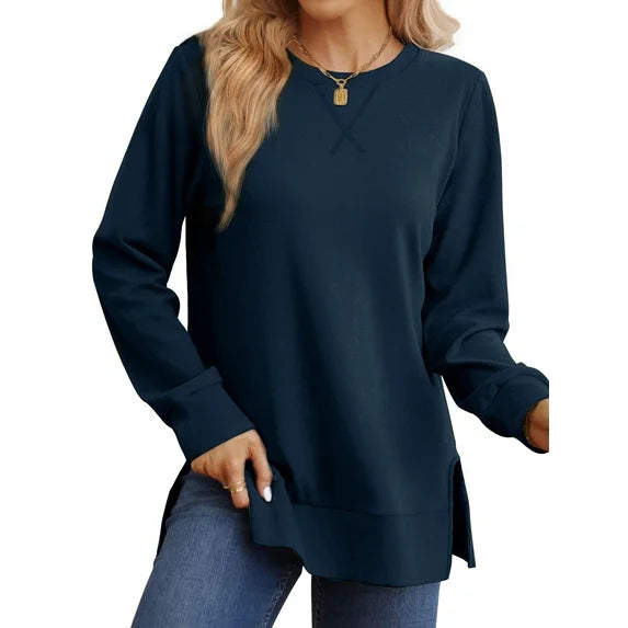 MOSHU Crewneck Sweatshirts for Women Side Split Long Sleeve Shirts Fashion Fall Womens Tops
