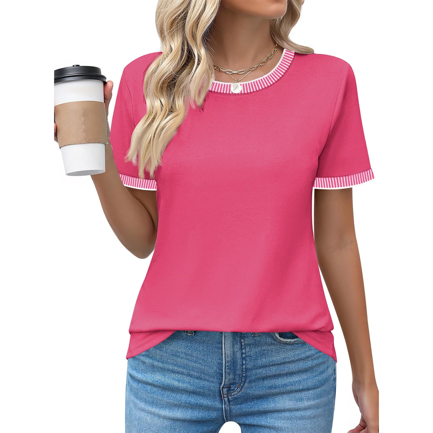 MOSHU Dressy Women Tops Crewneck Blouses for Women Striped Colorblock Short Sleeve Shirts Casual Summer Tops