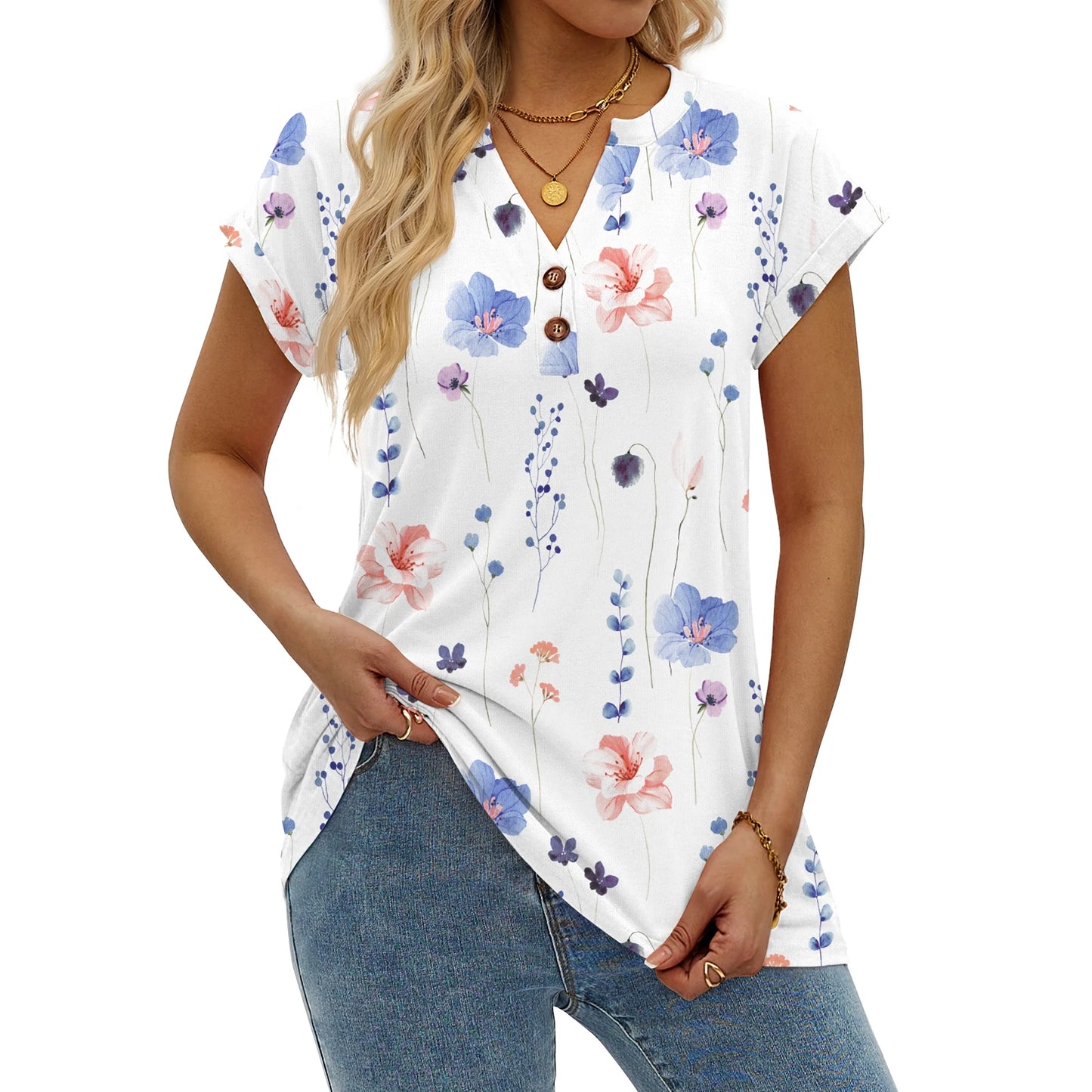 MOSHU Henley T-Shirts for Women Short Sleeve V Neck Tops Summer Trendy Tee Shirts Fashion Clothes