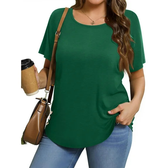 MOSHU Scoop Neck T-shirts for Women Short Sleeve Plus Size Tops Curved Hem Womens Shirts