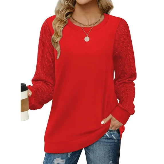 MOSHU Sweatshirts for Women Crewneck Cable Knit Sleeve Shirts Lightweight Fashion Womens Tops Fall Sweaters