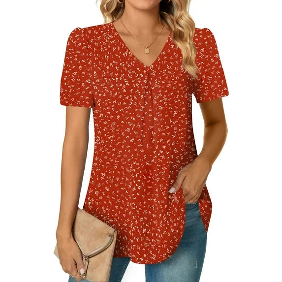 MOSHU T-shirts for Women Pleated Printed Short Sleeve Tunice Tops V Neck Summer Womens Shirts