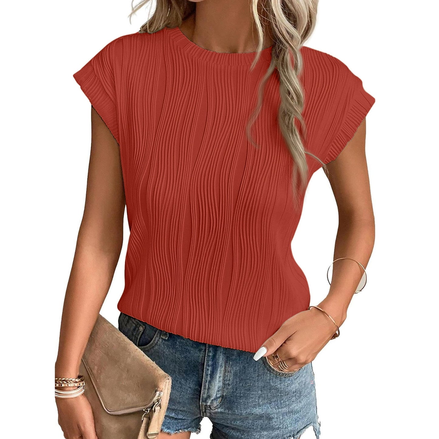 MOSHU Textured Womens Tops Casual Crewneck Basic Tee Shirts Cap Sleeve Summer Blouses