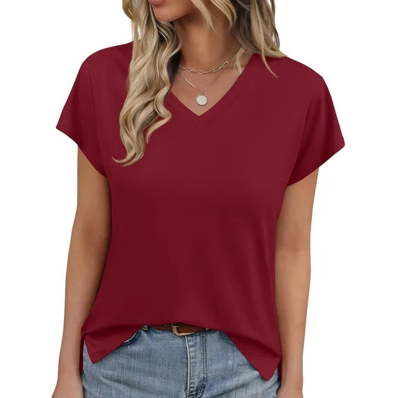 MOSHU V Neck T-Shirts for Womens Side Split Short Sleeve Shirts Loose Fit Tee Dressy Casual Women Tops