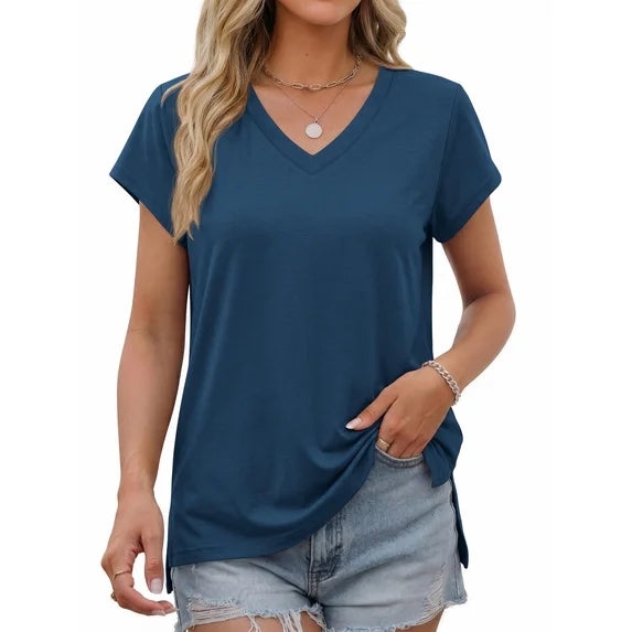 MOSHU V Neck T-Shirts for Womens Side Split Short Sleeve Shirts Loose Fit Tee Dressy Casual Women Tops