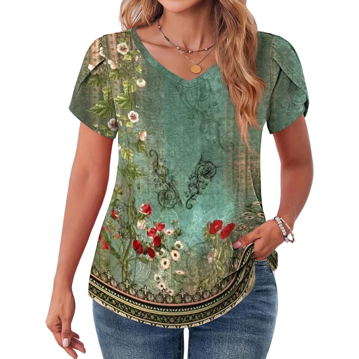 MOSHU V-Neck T-shirts for Women Petal Sleeve Tunic Tops Summer Casual Womens Shirts