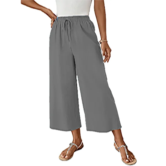 MOSHU Womens Capri Pants Summer Wide Leg Pants for Women Drawstring Casual Palazzo Trousers with Pockets