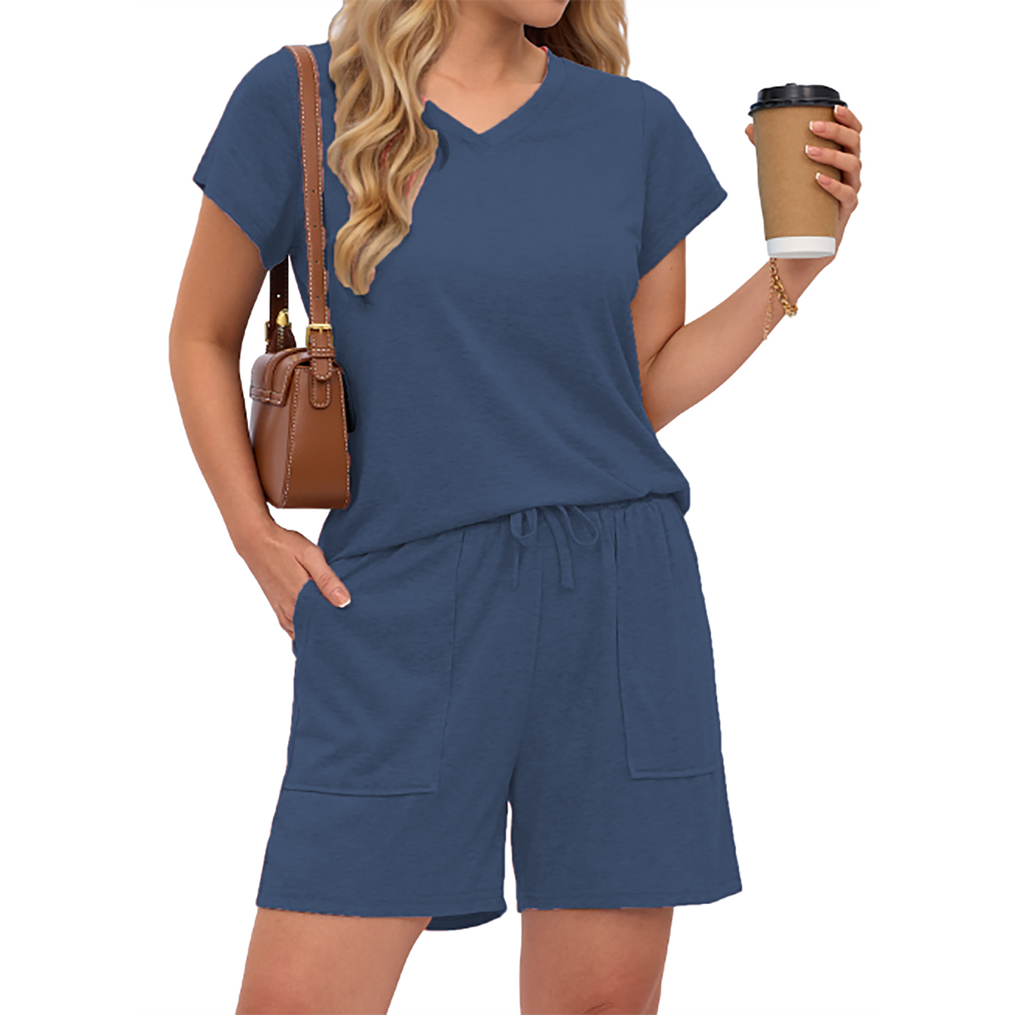 MOSHU Womens Pajamas Sets V Neck Tops and Drawstring Shorts Sets with Pockets Two Piece Lounge Sets Oufits
