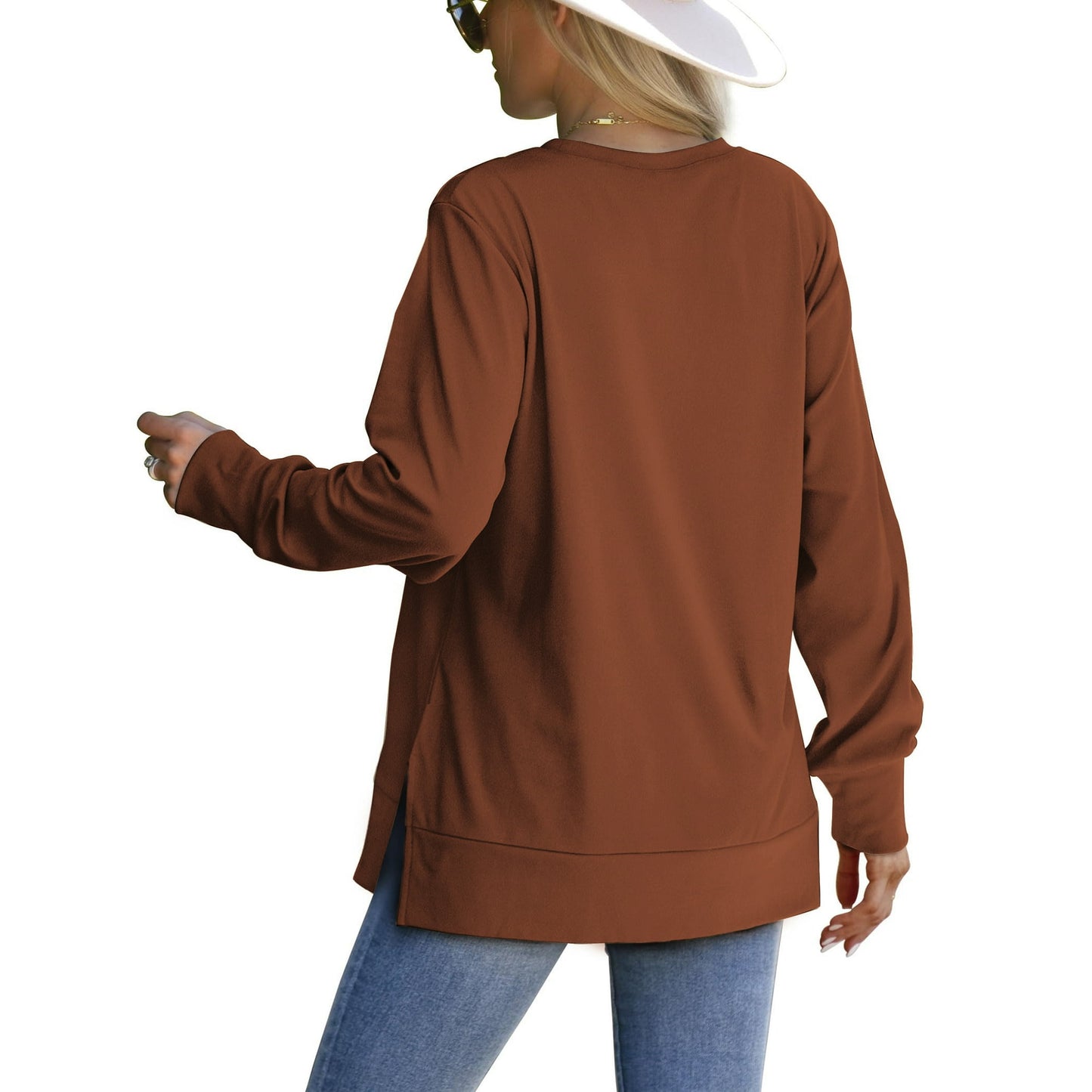 MOSHU Crewneck Sweatshirts for Women Side Split Long Sleeve Shirts Fashion Fall Womens Tops