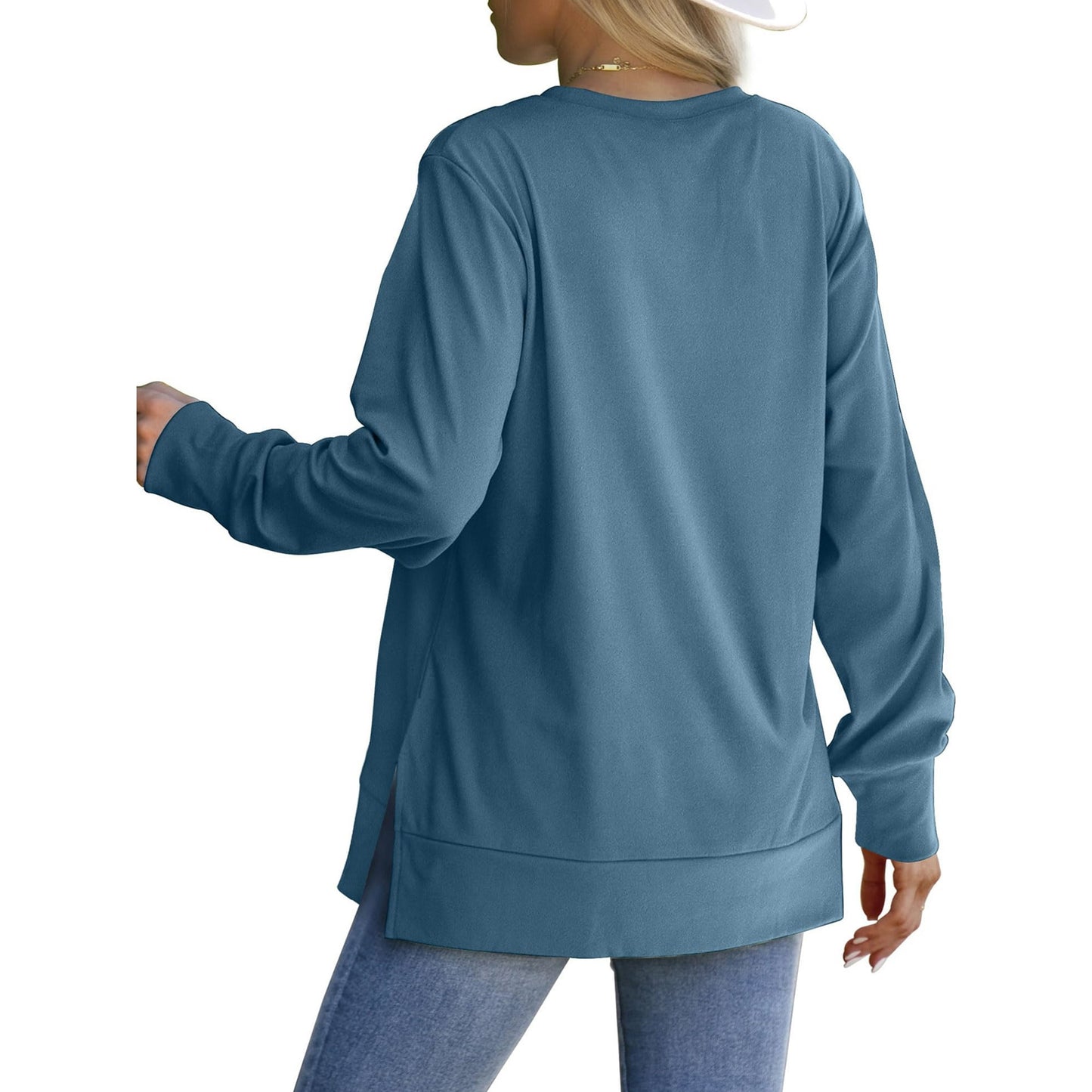 MOSHU Crewneck Sweatshirts for Women Side Split Long Sleeve Shirts Fashion Fall Womens Tops