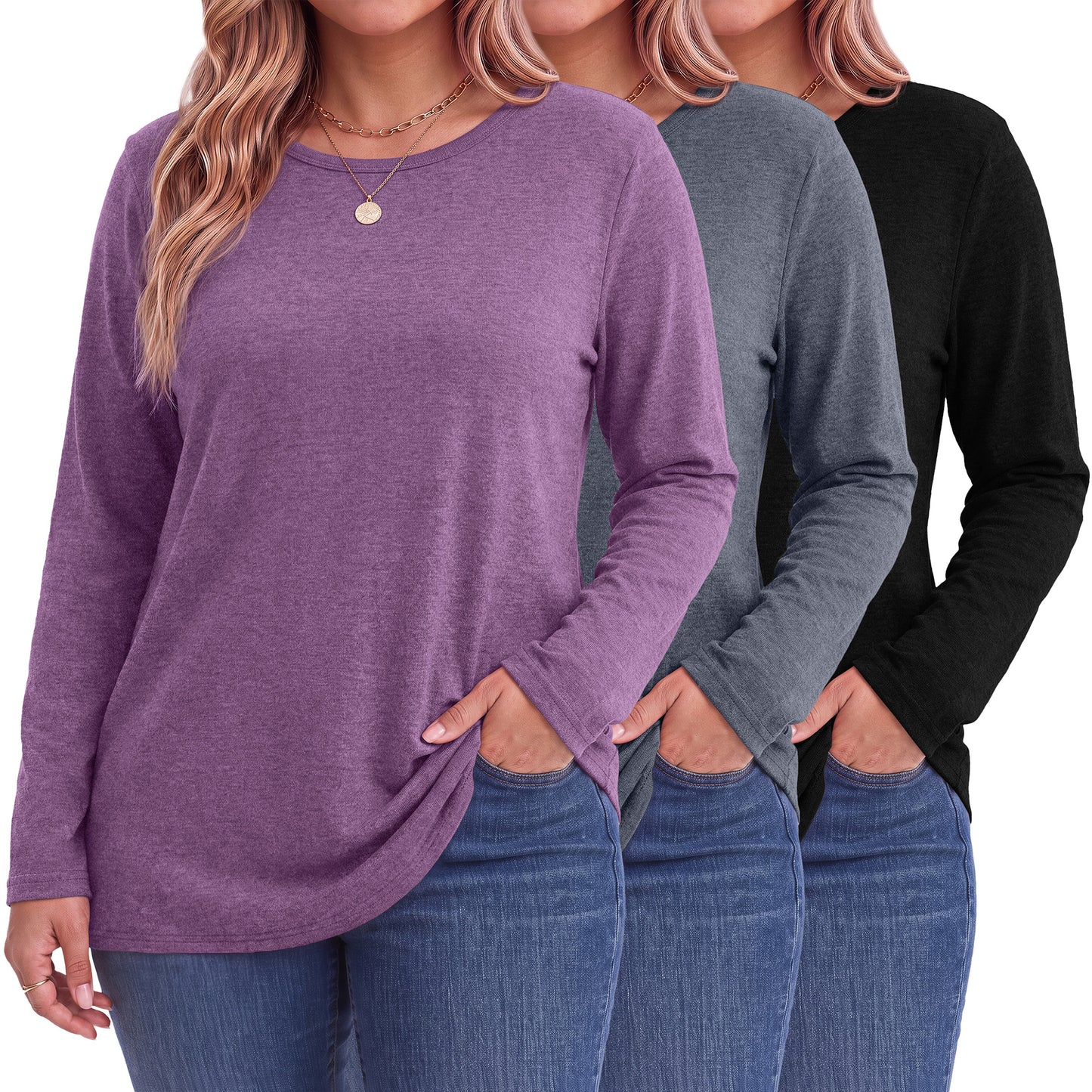 MOSHU 3 Pack T Shirts for Women Crew Neck Plus Size Women Shirts Long Sleeve Tees Casual Basic Fall Tops