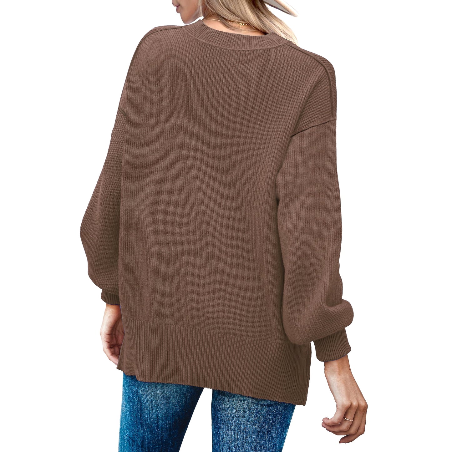 MOSHU Crewneck Sweaters for Women Drop Shoulder Long Sleeve Tops Side Slit Oversized Pullover Sweaters