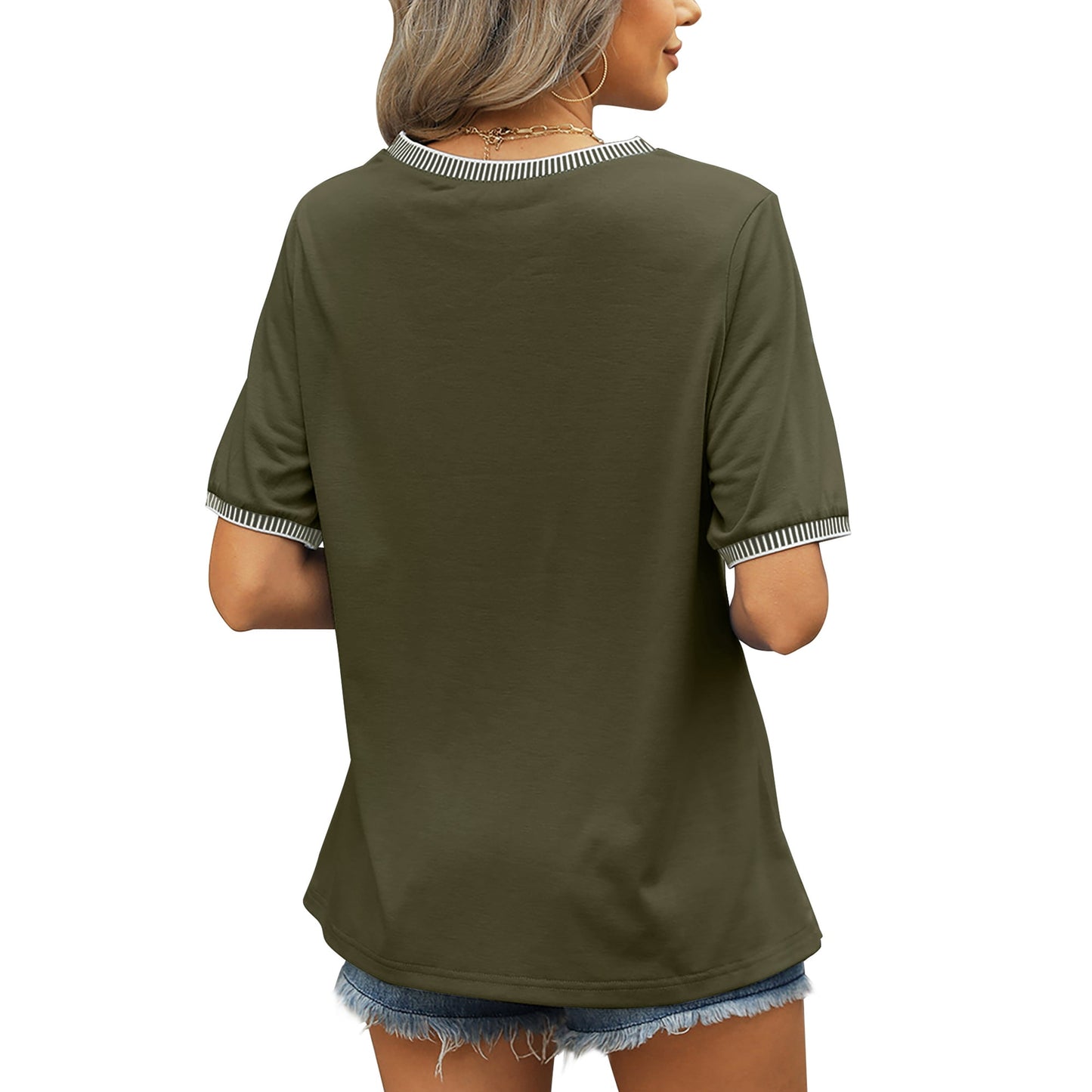 MOSHU Dressy Women Tops Crewneck Blouses for Women Striped Colorblock Short Sleeve Shirts Casual Summer Tops