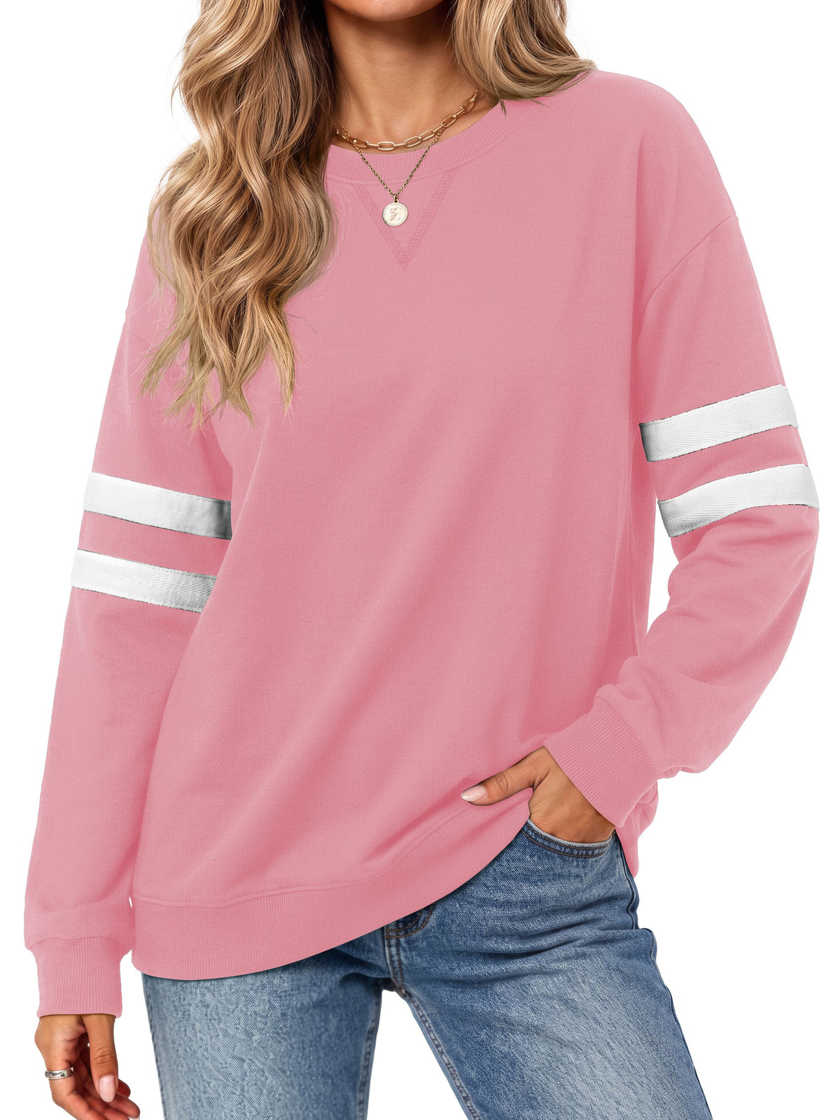 MOSHU Crewneck Sweatshirts for Women Striped Long Sleeve Shirts Fashion Fall Womens Sweatshirts Casual Fall Pullover Tops