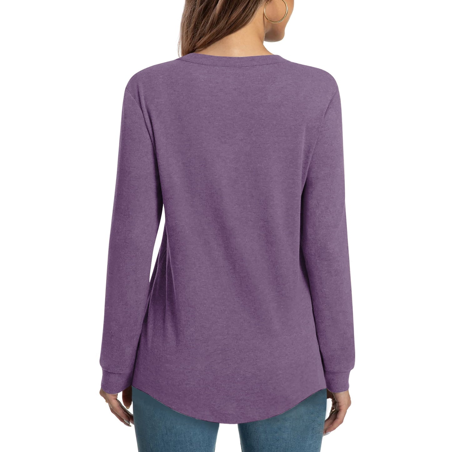 MOSHU V-neck T Shirts for Women Casual Long Sleeve Tunic Tops Curve Hem Fall Button Shirts