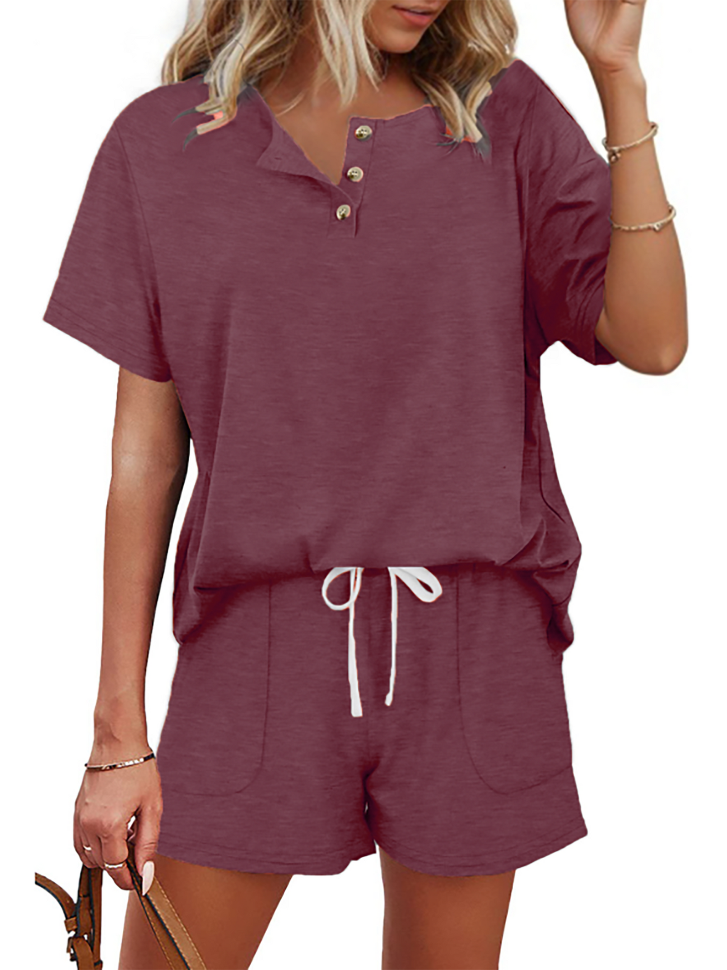 MOSHU Womens Pajamas Sets Button Down Tops and Drawstring Shorts With Pockets Two Piece Lounge Sets Oufits