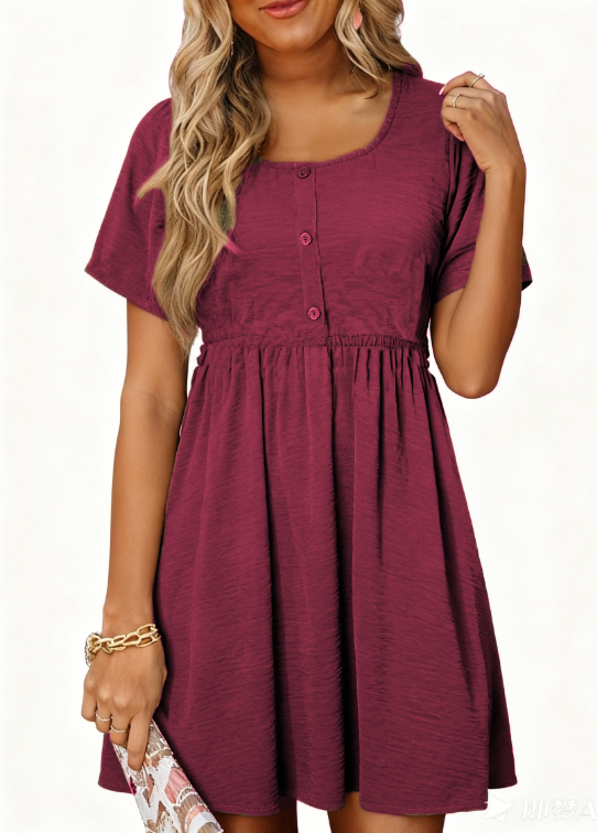 MOSHU Summer Dresses for Women Crewneck Short Sleeve Midi Dress Casual Button A-Line Sundress with Pockets