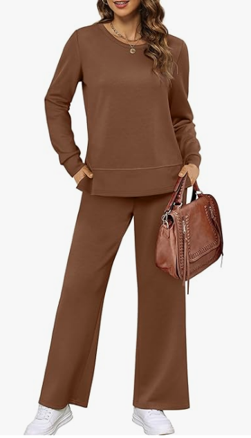 MOSHU Two Piece Sets for Women Casual Fall Outfits Sets Slit Side Stiching Tops and Wide Leg Pants with Pockets Trendy Cozy Tracksuits