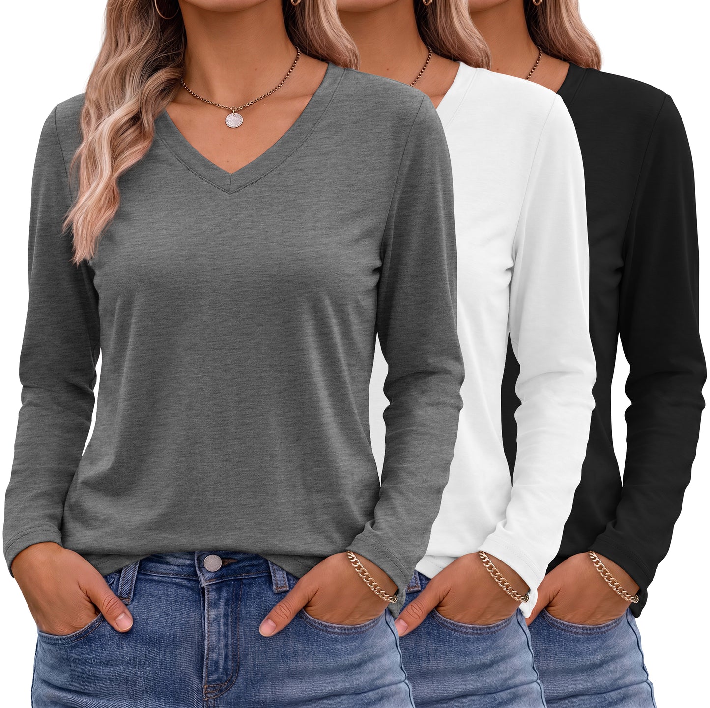 MOSHU 3 Pack T Shirts for Women V Neck Long Sleeve Womens T-shirts Casual Basics Tees Loose Fit Fall Tops
